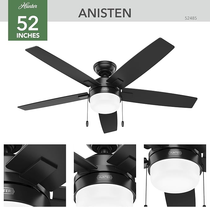 52 inch Indoor Ceiling Fan with LED Light - Black Ceiling Fan with Pull Chain, For Bedroom or Living Room, Standard Mount, No