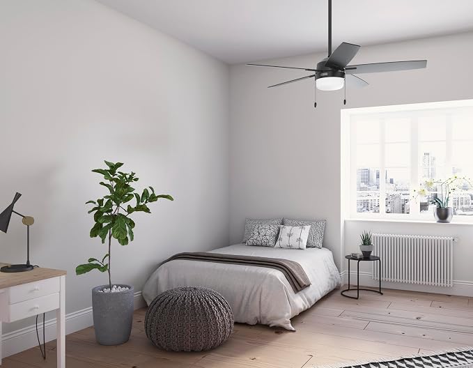 52 inch Indoor Ceiling Fan with LED Light - Black Ceiling Fan with Pull Chain, For Bedroom or Living Room, Standard Mount, No