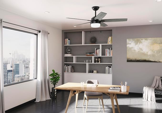52 inch Indoor Ceiling Fan with LED Light - Black Ceiling Fan with Pull Chain, For Bedroom or Living Room, Standard Mount, No