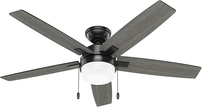 52 inch Indoor Ceiling Fan with LED Light - Black Ceiling Fan with Pull Chain, For Bedroom or Living Room, Standard Mount, No
