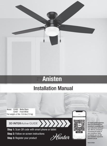 52 inch Indoor Ceiling Fan with LED Light - Black Ceiling Fan with Pull Chain, For Bedroom or Living Room, Standard Mount, No