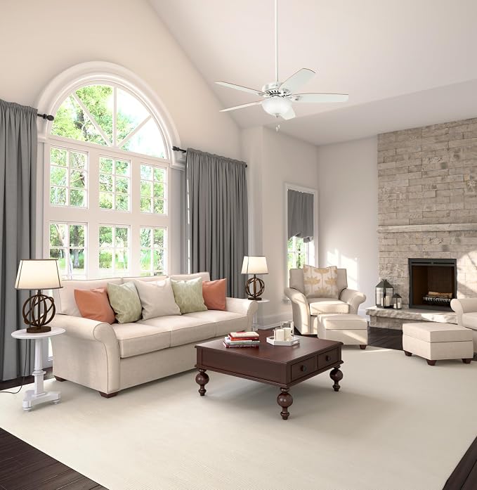 52 inch Indoor Ceiling Fan with LED Light - White Ceiling Fan with Pull Chain, For Bedroom or Living Room, Standard Mount, No