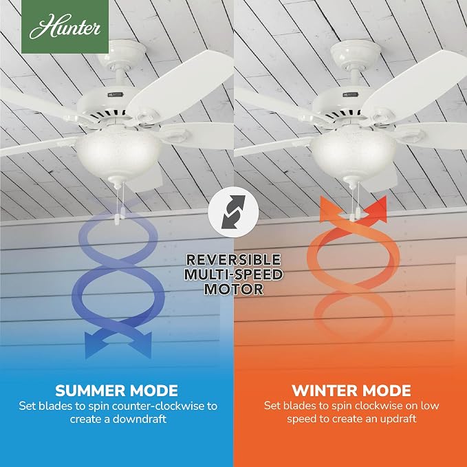 52 inch Indoor Ceiling Fan with LED Light - White Ceiling Fan with Pull Chain, For Bedroom or Living Room, Standard Mount, No