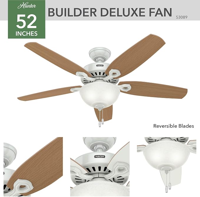 52 inch Indoor Ceiling Fan with LED Light - White Ceiling Fan with Pull Chain, For Bedroom or Living Room, Standard Mount, No