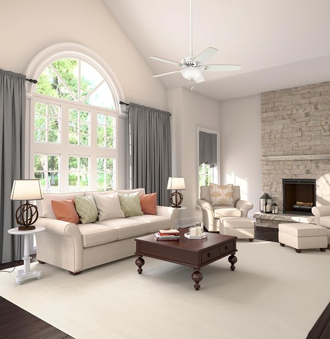 52 inch Indoor Ceiling Fan with LED Light - White Ceiling Fan with Pull Chain, For Bedroom or Living Room, Standard Mount, No
