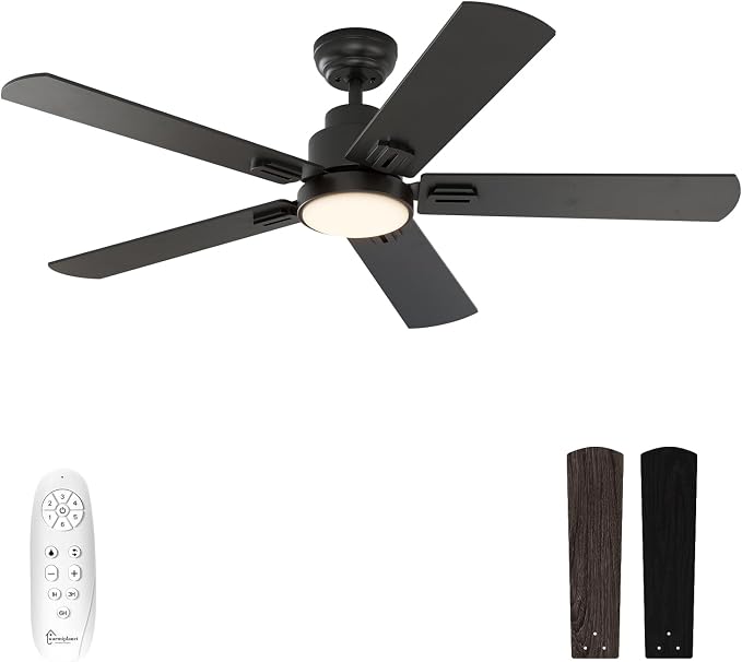 52 Inch Indoor Ceiling Fans with Lights and Remote Control, 6 Speeds Slient Reversible DC Motor, 3 Color Dimmable LED Light