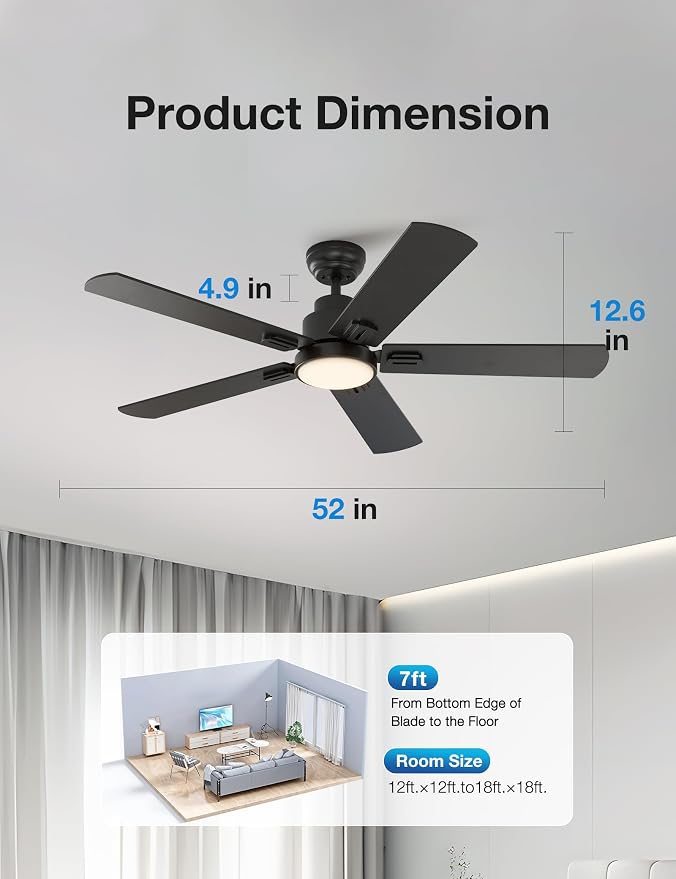 52 Inch Indoor Ceiling Fans with Lights and Remote Control, 6 Speeds Slient Reversible DC Motor, 3 Color Dimmable LED Light