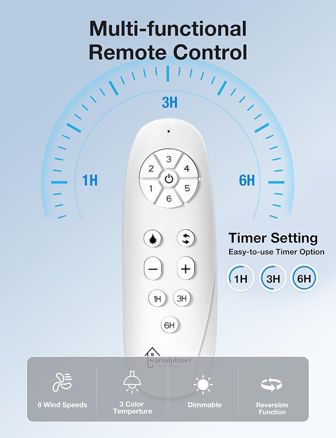 52 Inch Indoor Ceiling Fans with Lights and Remote Control, 6 Speeds Slient Reversible DC Motor, 3 Color Dimmable LED Light