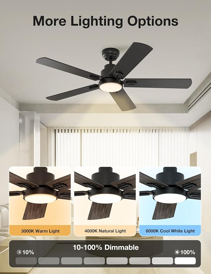 52 Inch Indoor Ceiling Fans with Lights and Remote Control, DC Slient Motor, Dimmable, Reversible, Timmer, 3 CCT, Black, 2
