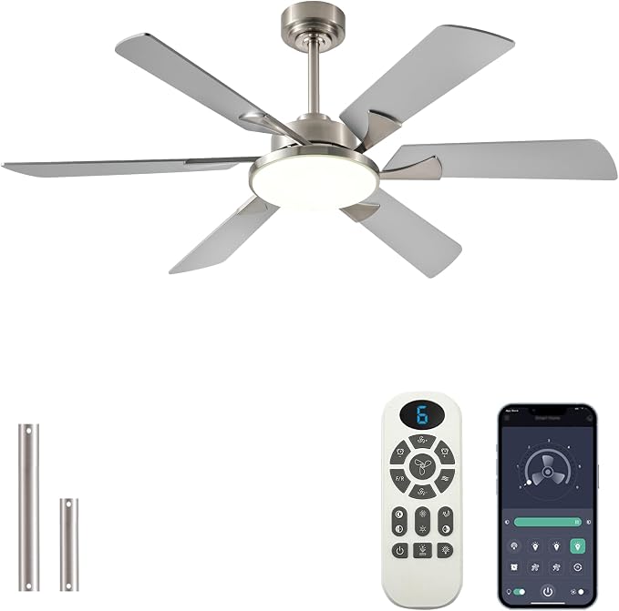 52 Inch Low Profile Ceiling Fan with Light, Remote & App Control, 3CCT Dimmable,6 Speed 6 Blades Ceiling Fans, Quiet
