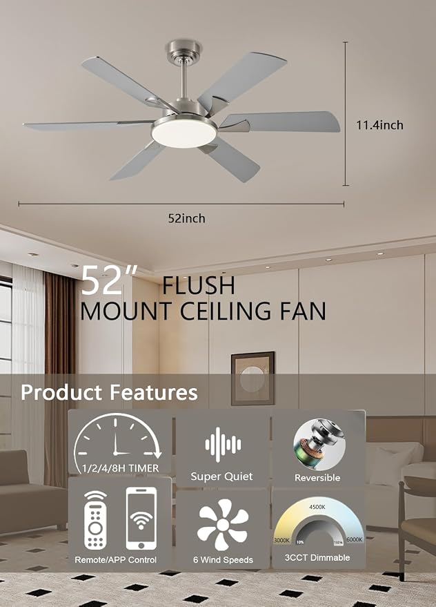 52 Inch Low Profile Ceiling Fan with Light, Remote & App Control, 3CCT Dimmable,6 Speed 6 Blades Ceiling Fans, Quiet