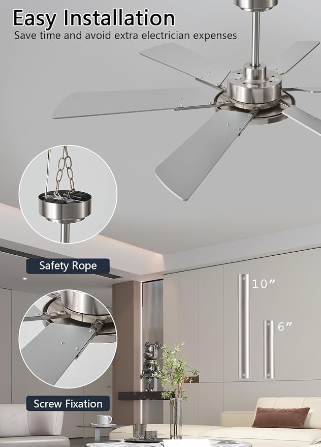 52 Inch Low Profile Ceiling Fan with Light, Remote & App Control, 3CCT Dimmable,6 Speed 6 Blades Ceiling Fans, Quiet