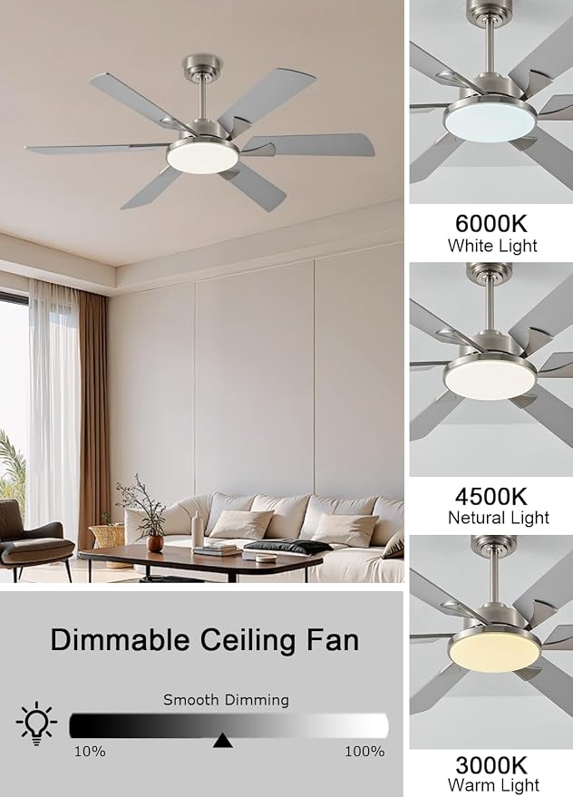 52 Inch Low Profile Ceiling Fan with Light, Remote & App Control, 3CCT Dimmable,6 Speed 6 Blades Ceiling Fans, Quiet