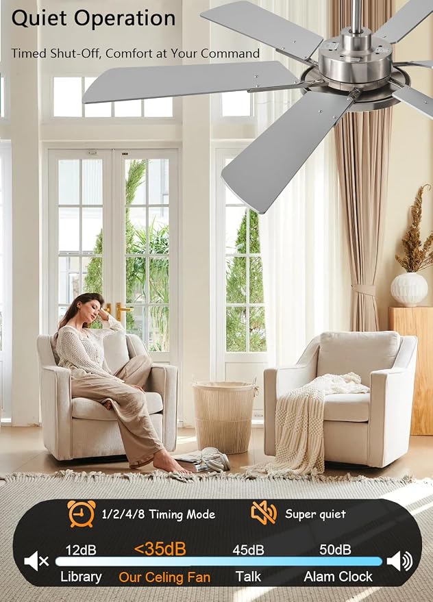 52 Inch Low Profile Ceiling Fan with Light, Remote & App Control, 3CCT Dimmable,6 Speed 6 Blades Ceiling Fans, Quiet