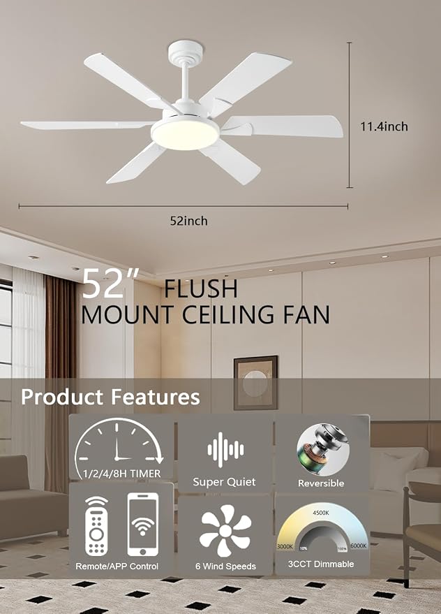 52 Inch Low Profile Ceiling Fan with Lights, Remote & APP Control, 3CCT Dimmable, 6 Blades 6 Speed Ceiling Fans, Quiet