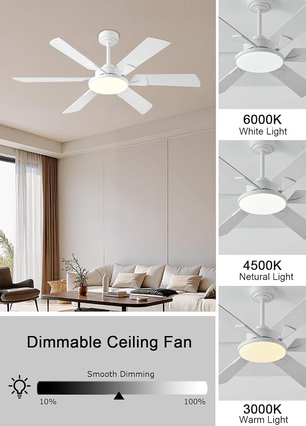 52 Inch Low Profile Ceiling Fan with Lights, Remote & APP Control, 3CCT Dimmable, 6 Blades 6 Speed Ceiling Fans, Quiet