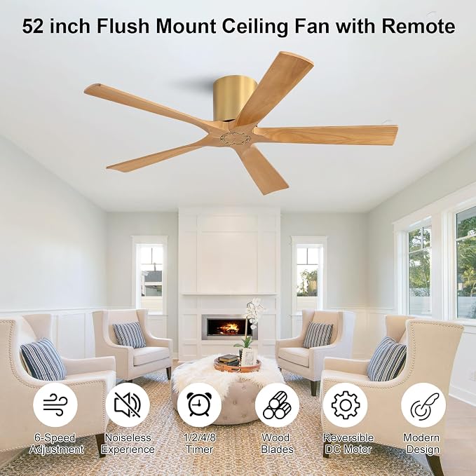 52 inch Low Profile Ceiling Fan without Light, 5 Solid Wood Blades, 6-Speeds, Quiet DC Motor, Timer, alternate product view 3