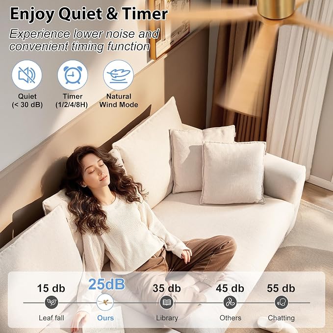52 inch Low Profile Ceiling Fan without Light, 5 Solid Wood Blades, 6-Speeds, Quiet DC Motor, Timer, alternate product view 4