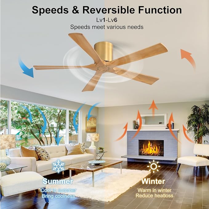 52 inch Low Profile Ceiling Fan without Light, 5 Solid Wood Blades, 6-Speeds, Quiet DC Motor, Timer, alternate product view 5