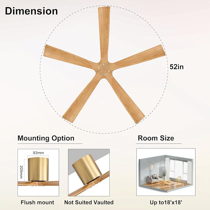 52 inch Low Profile Ceiling Fan without Light, 5 Solid Wood Blades, 6-Speeds, Quiet DC Motor, Timer, alternate product view 9
