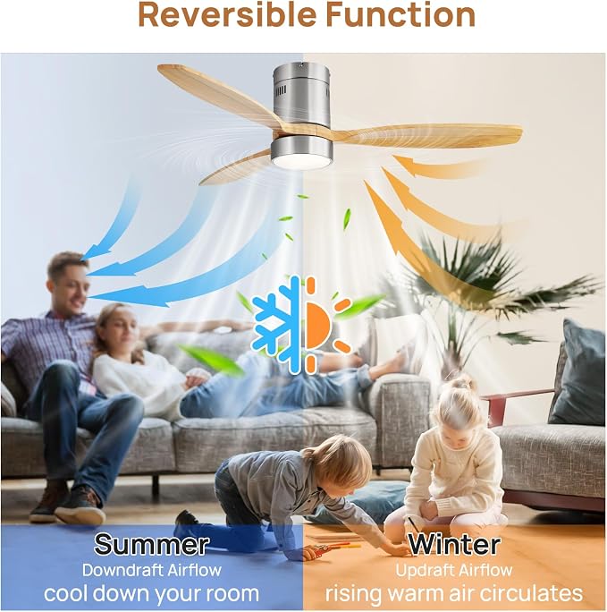 52 inch Low Profile Ceiling Fans with Lights and Remote, Modern Flush Mount Bedroom Ceiling Fan for Living, alternate view 3