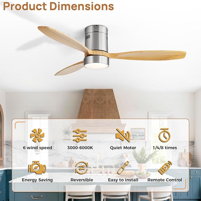 52 inch Low Profile Ceiling Fans with Lights and Remote, Modern Flush Mount Bedroom Ceiling Fan for Living, alternate view 7