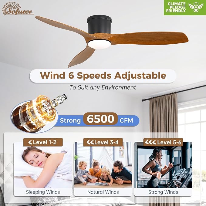 52 Inch Low Profile Ceiling Fans with Lights, Modern Flush Mount Ceiling Fan with 3 Plastic Blades, 6500CFM, Dimmable 6-Speed