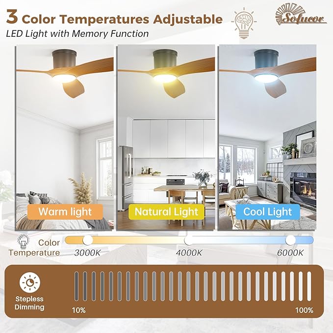 52 Inch Low Profile Ceiling Fans with Lights, Modern Flush Mount Ceiling Fan with 3 Plastic Blades, 6500CFM, Dimmable 6-Speed