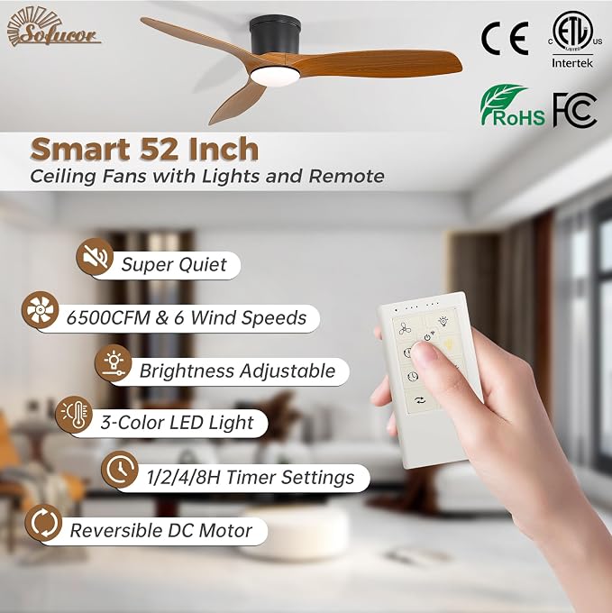 52 Inch Low Profile Ceiling Fans with Lights, Modern Flush Mount Ceiling Fan with 3 Plastic Blades, 6500CFM, Dimmable 6-Speed
