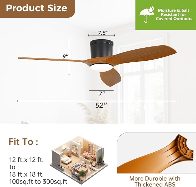 52 Inch Low Profile Ceiling Fans with Lights, Modern Flush Mount Ceiling Fan with 3 Plastic Blades, 6500CFM, Dimmable 6-Speed