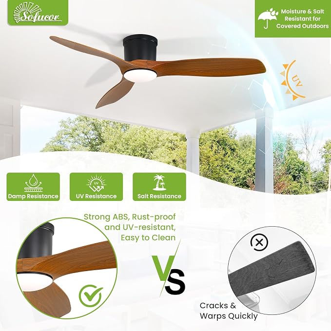 52 Inch Low Profile Ceiling Fans with Lights, Modern Flush Mount Ceiling Fan with 3 Plastic Blades, 6500CFM, Dimmable 6-Speed