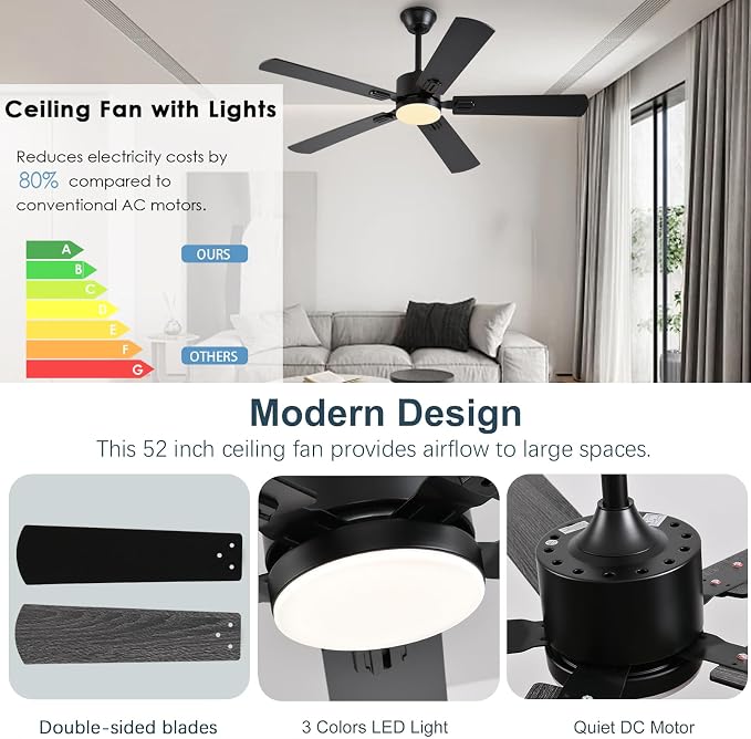 52 inch Modern Ceiling Fans with Lights APP/Remote Control, Low Profile Reversible 6 Speeds Ceiling Fan Light for