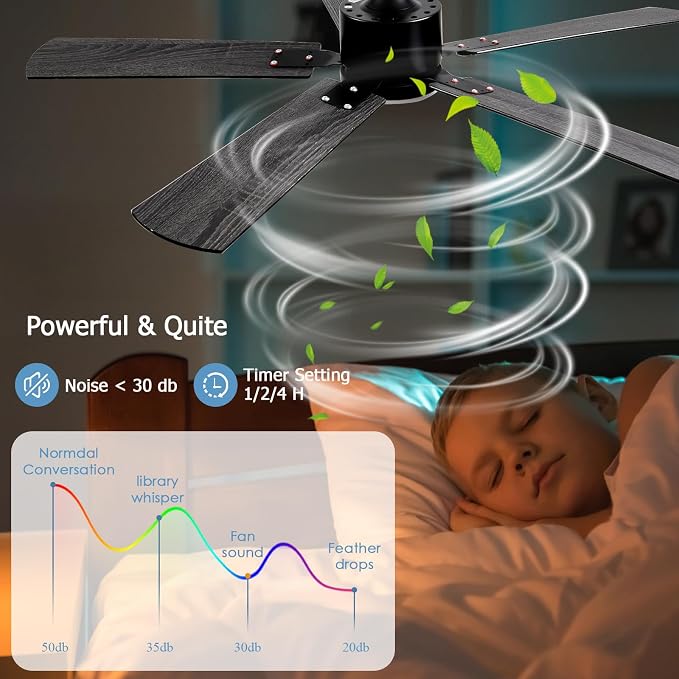 52 inch Modern Ceiling Fans with Lights APP/Remote Control, Low Profile Reversible 6 Speeds Ceiling Fan Light for