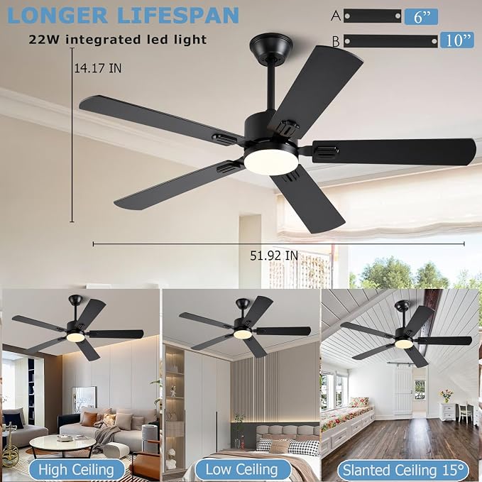 52 inch Modern Ceiling Fans with Lights APP/Remote Control, Low Profile Reversible 6 Speeds Ceiling Fan Light for
