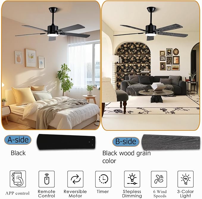 52 inch Modern Ceiling Fans with Lights APP/Remote Control, Low Profile Reversible 6 Speeds Ceiling Fan Light for