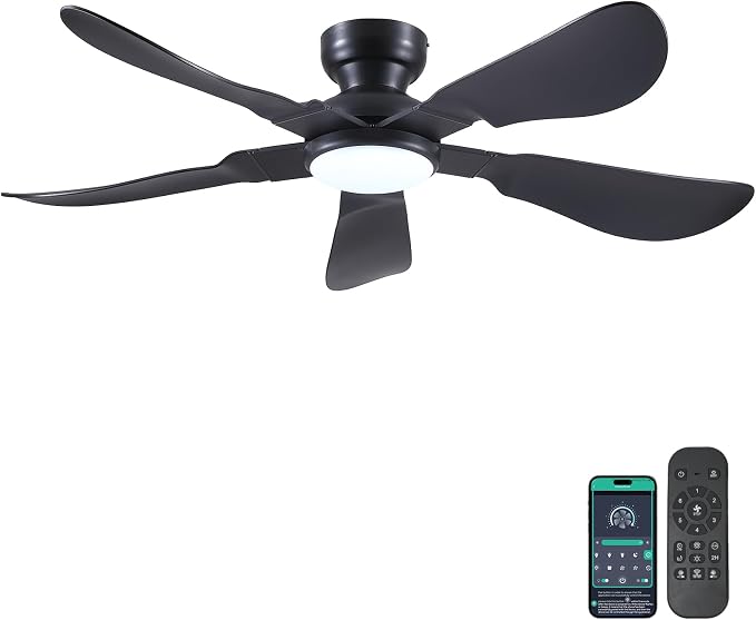 52 Inch Modern Ceiling Fans with Lights, Flush Mount Ceiling Fan with Light and Remote/APP Control, 5 Reversible 6 Speeds