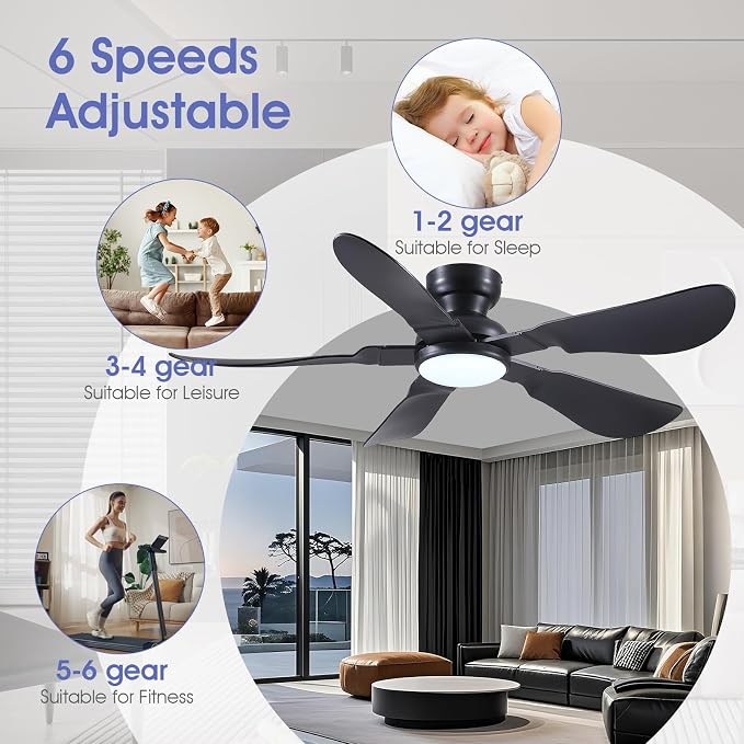 52 Inch Modern Ceiling Fans with Lights, Flush Mount Ceiling Fan with Light and Remote/APP Control, 5 Reversible 6 Speeds