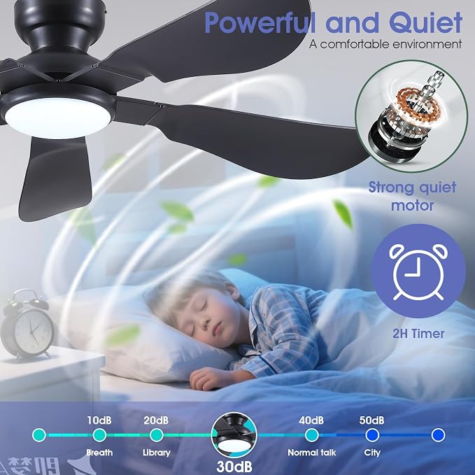 52 Inch Modern Ceiling Fans with Lights, Flush Mount Ceiling Fan with Light and Remote/APP Control, 5 Reversible 6 Speeds