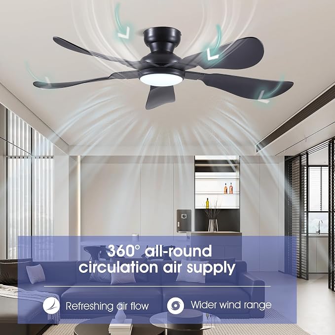 52 Inch Modern Ceiling Fans with Lights, Flush Mount Ceiling Fan with Light and Remote/APP Control, 5 Reversible 6 Speeds