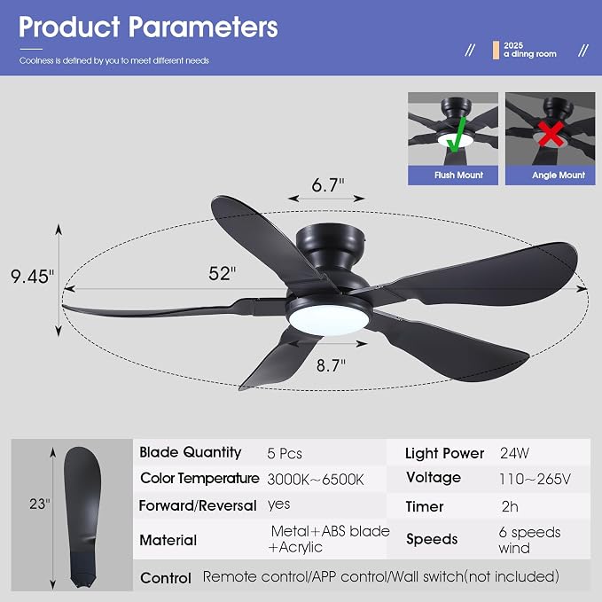 52 Inch Modern Ceiling Fans with Lights, Flush Mount Ceiling Fan with Light and Remote/APP Control, 5 Reversible 6 Speeds