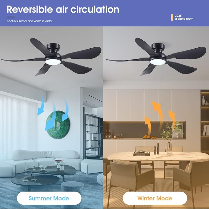 52 Inch Modern Ceiling Fans with Lights, Flush Mount Ceiling Fan with Light and Remote/APP Control, 5 Reversible 6 Speeds