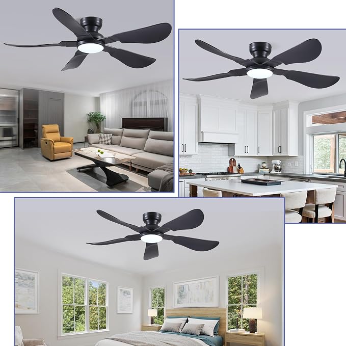 52 Inch Modern Ceiling Fans with Lights, Flush Mount Ceiling Fan with Light and Remote/APP Control, 5 Reversible 6 Speeds