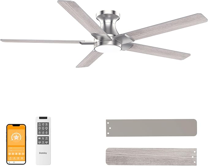 52 inch Nickel Ceiling Fans with Lights,5 Blades,6CCT, Low Profile,Remote Control,for Bedroom, Kitchen,Living