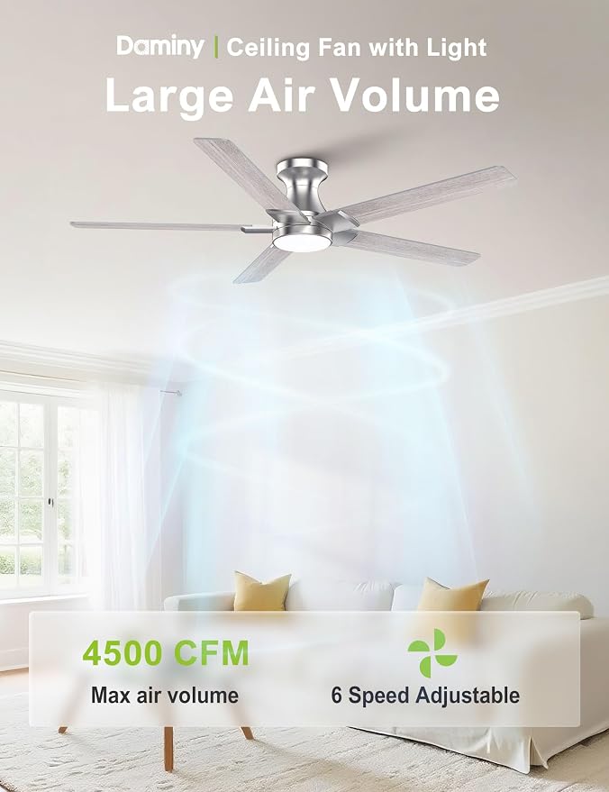 52 inch Nickel Ceiling Fans with Lights,5 Blades,6CCT, Low Profile,Remote Control,for Bedroom, Kitchen,Living