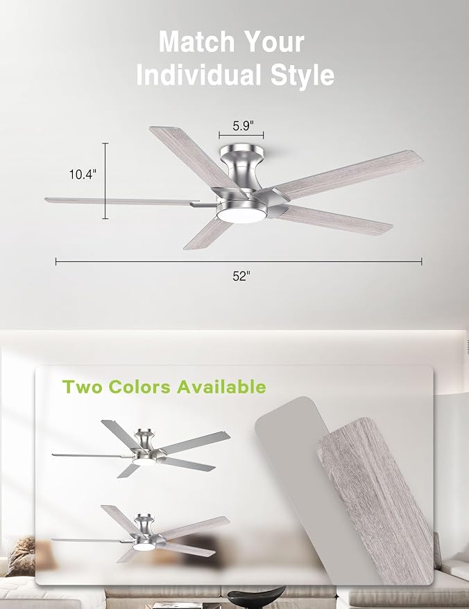 52 inch Nickel Ceiling Fans with Lights,5 Blades,6CCT, Low Profile,Remote Control,for Bedroom, Kitchen,Living