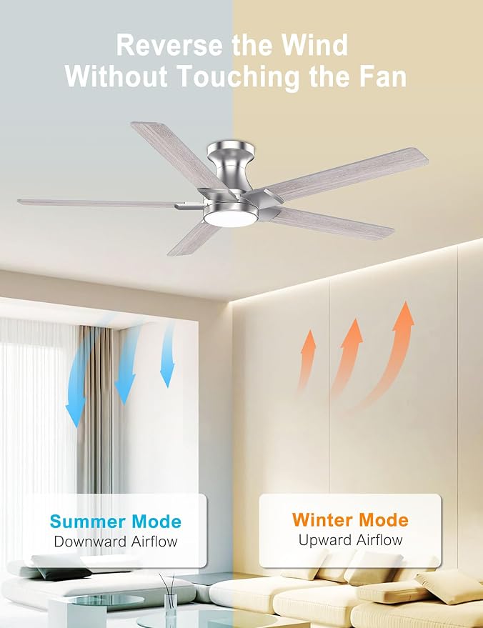 52 inch Nickel Ceiling Fans with Lights,5 Blades,6CCT, Low Profile,Remote Control,for Bedroom, Kitchen,Living