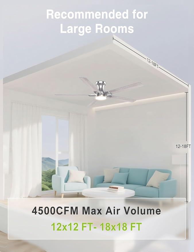 52 inch Nickel Ceiling Fans with Lights,5 Blades,6CCT, Low Profile,Remote Control,for Bedroom, Kitchen,Living