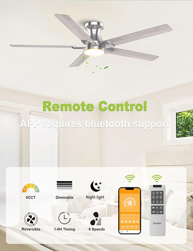 52 inch Nickel Ceiling Fans with Lights,5 Blades,6CCT, Low Profile,Remote Control,for Bedroom, Kitchen,Living