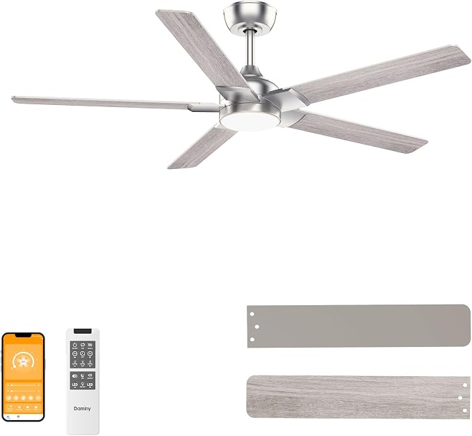52 inch Nickel Ceiling Fans with Lights,5 Blades,6CCT, Low Profile, Remote Control, for Bedroom, Kitchen, Living