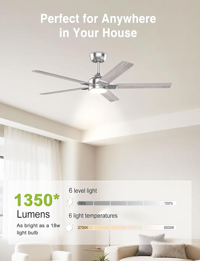 52 inch Nickel Ceiling Fans with Lights,5 Blades,6CCT, Low Profile, Remote Control, for Bedroom, Kitchen, Living, alternate